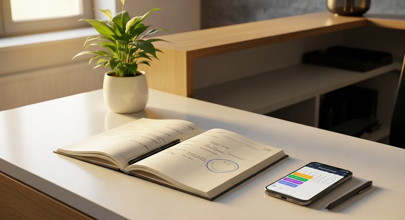 Aufgeräumter Empfangstresen mit einem offenen Terminplaner, einem Smartphone-Kalender und einer kleinen Pflanze bei weichem Tageslicht