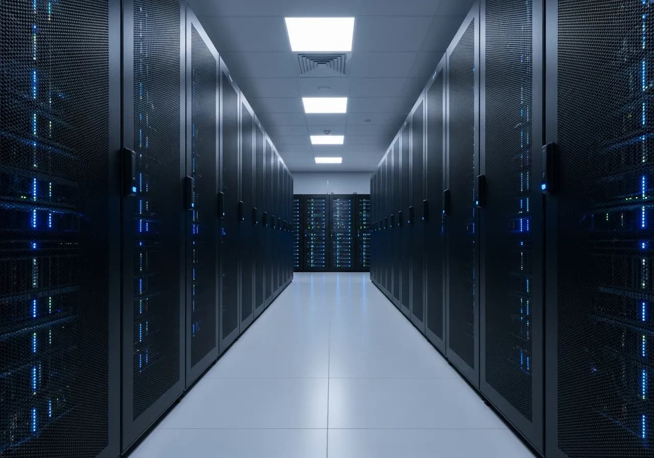 Moderner Serverraum in der EU mit aufgeräumten Reihen, kühles blaues Licht