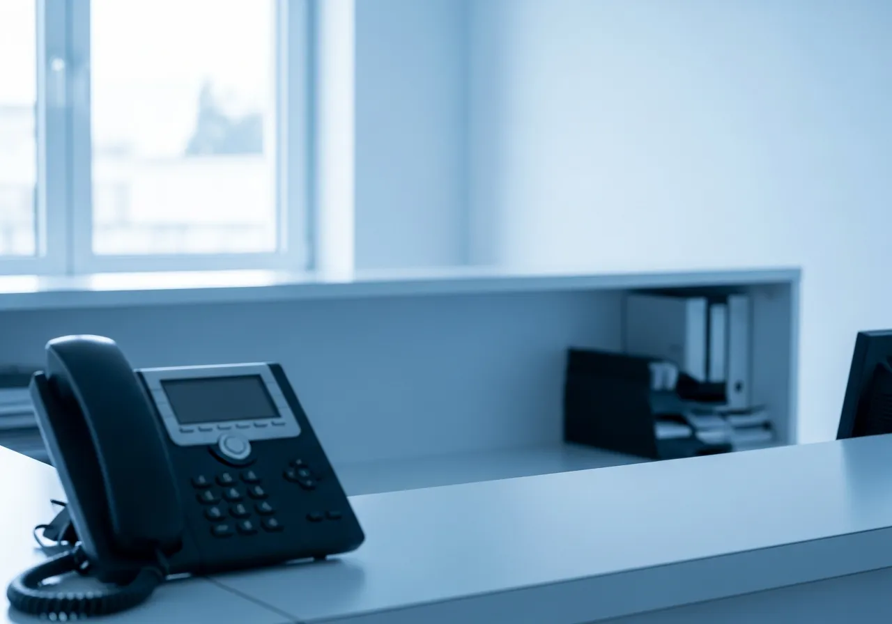 Ruhiger, moderner Empfangsbereich eines Unternehmens mit einem Telefon, weiches Tageslicht