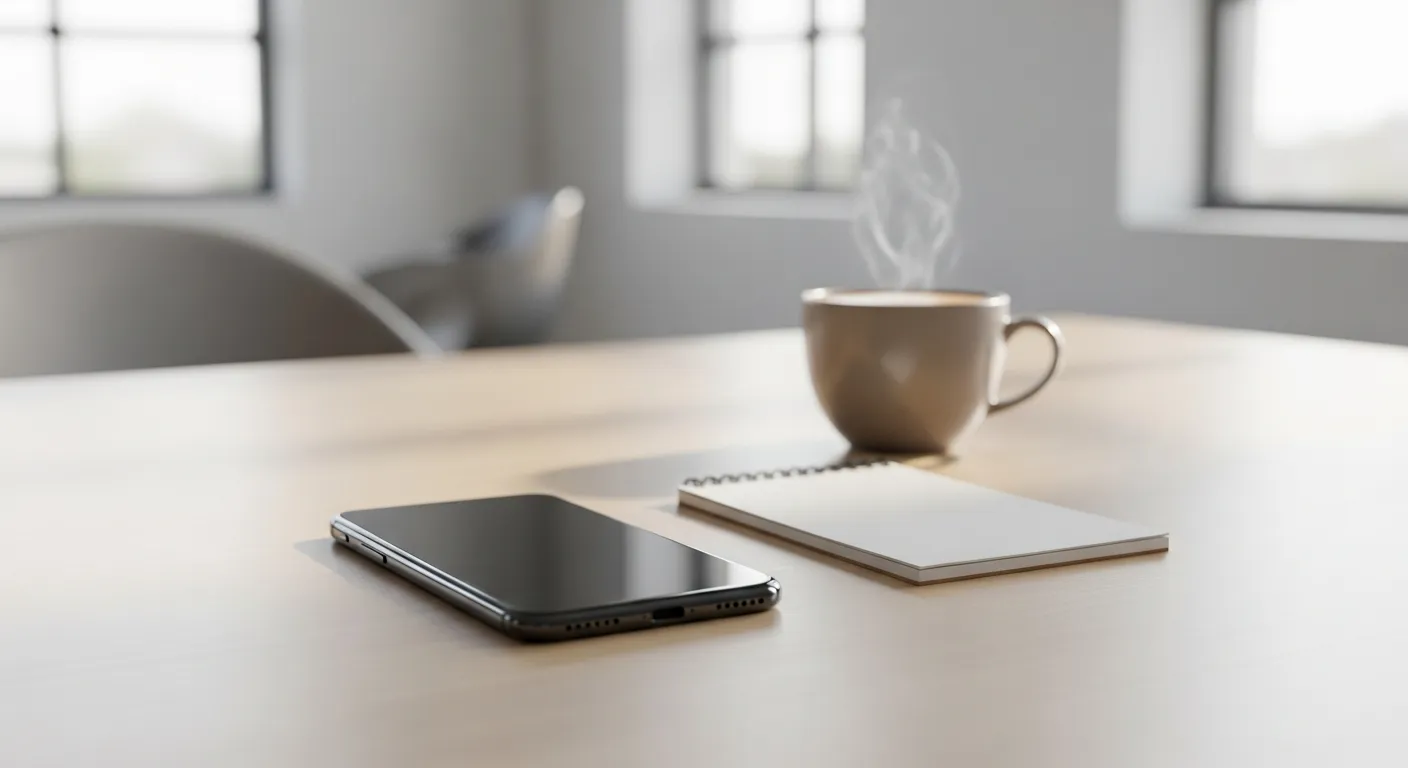 Aufgeräumter Schreibtisch am Abend mit einer Schreibtischlampe und einem Smartphone, das einen aktiven Anruf mit blauer Sprachwellenform zeigt