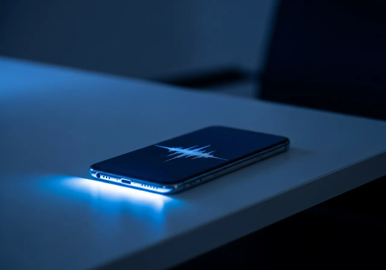 Modernes Smartphone auf einem aufgeräumten Schreibtisch, blaues Leuchten, Sprachwellenform auf dem Bildschirm