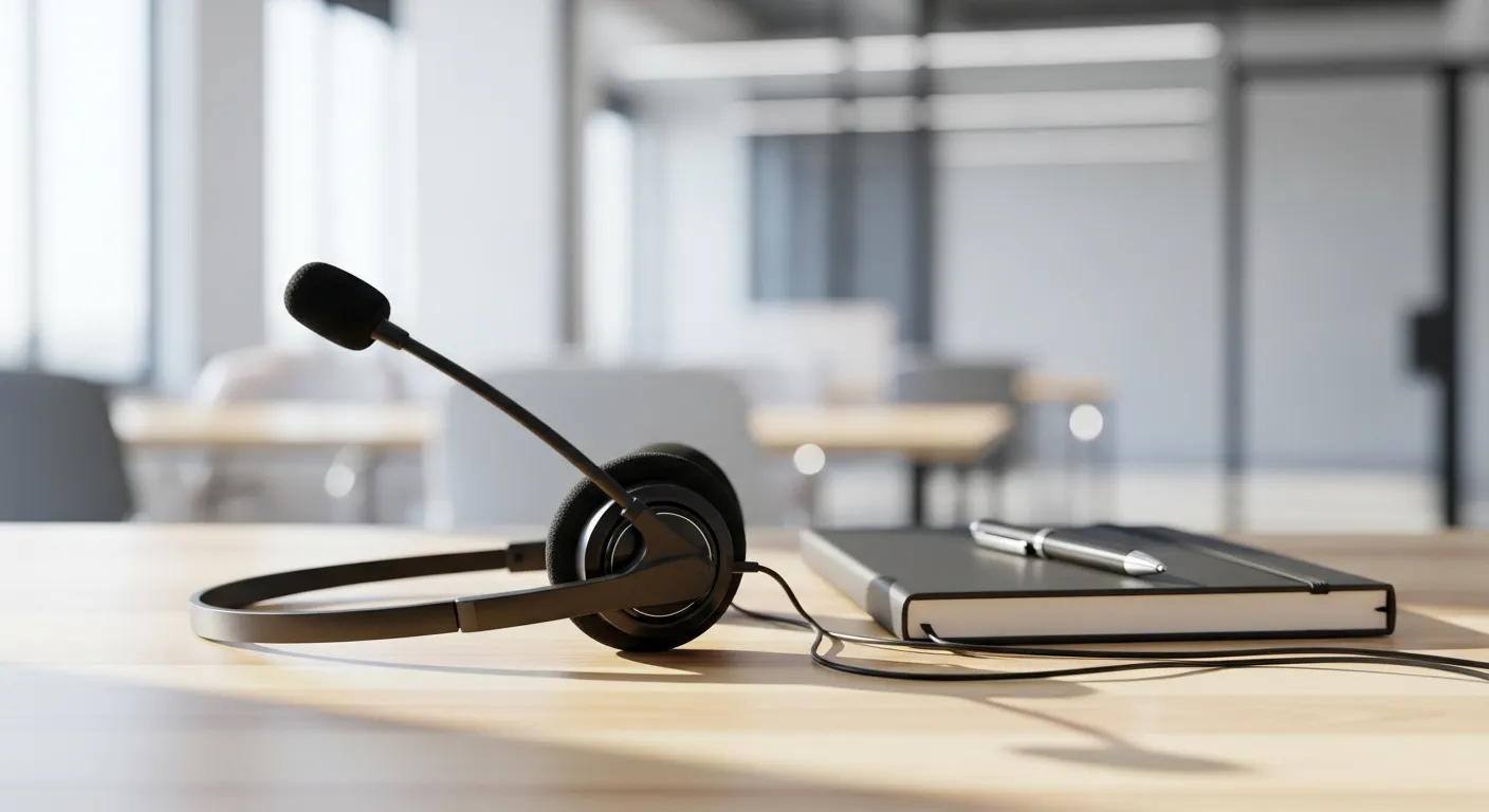 Warmer, moderner Kundenservice-Arbeitsplatz mit einem Headset neben einem Notizblock mit handschriftlichen Notizen und einer Tasse Kaffee