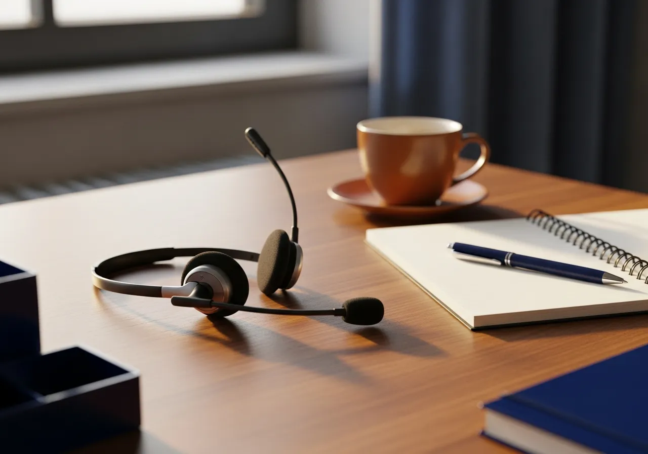 Professionelles Headset auf einem warmen Holzschreibtisch neben Notizblock und Kaffee