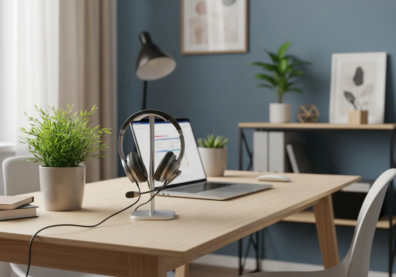 Ruhiger, moderner Kundenservice-Arbeitsplatz mit Headset und Laptop